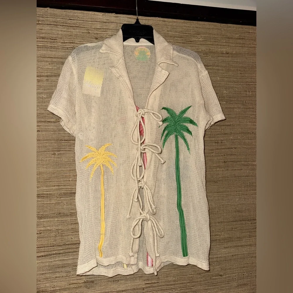 Maaji Cream Sheer knit crochet Palm Embroidered Cover-Up collared top one size - Picture 2 of 5